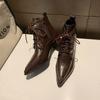 Fall New Chunky Single Boots Women's Fashion Pointy Front Lace-up Temperament Comfortable Short Boots