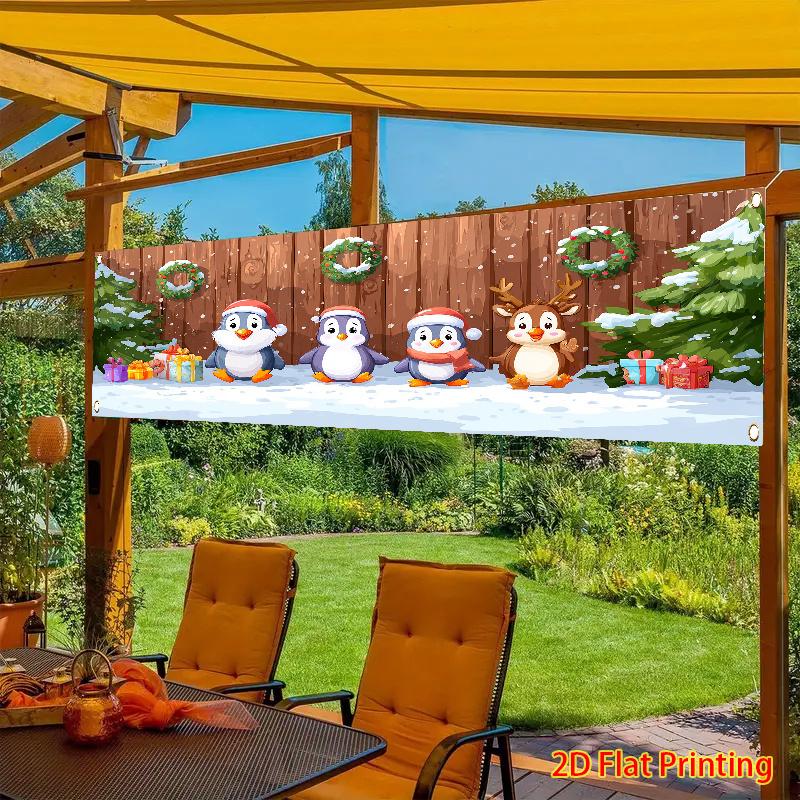 Winter Christmas Fence Banner, Row of Cute Penguins & Pine Trees Design, Polyester Outdoor Lawn Wall Festival Decoration