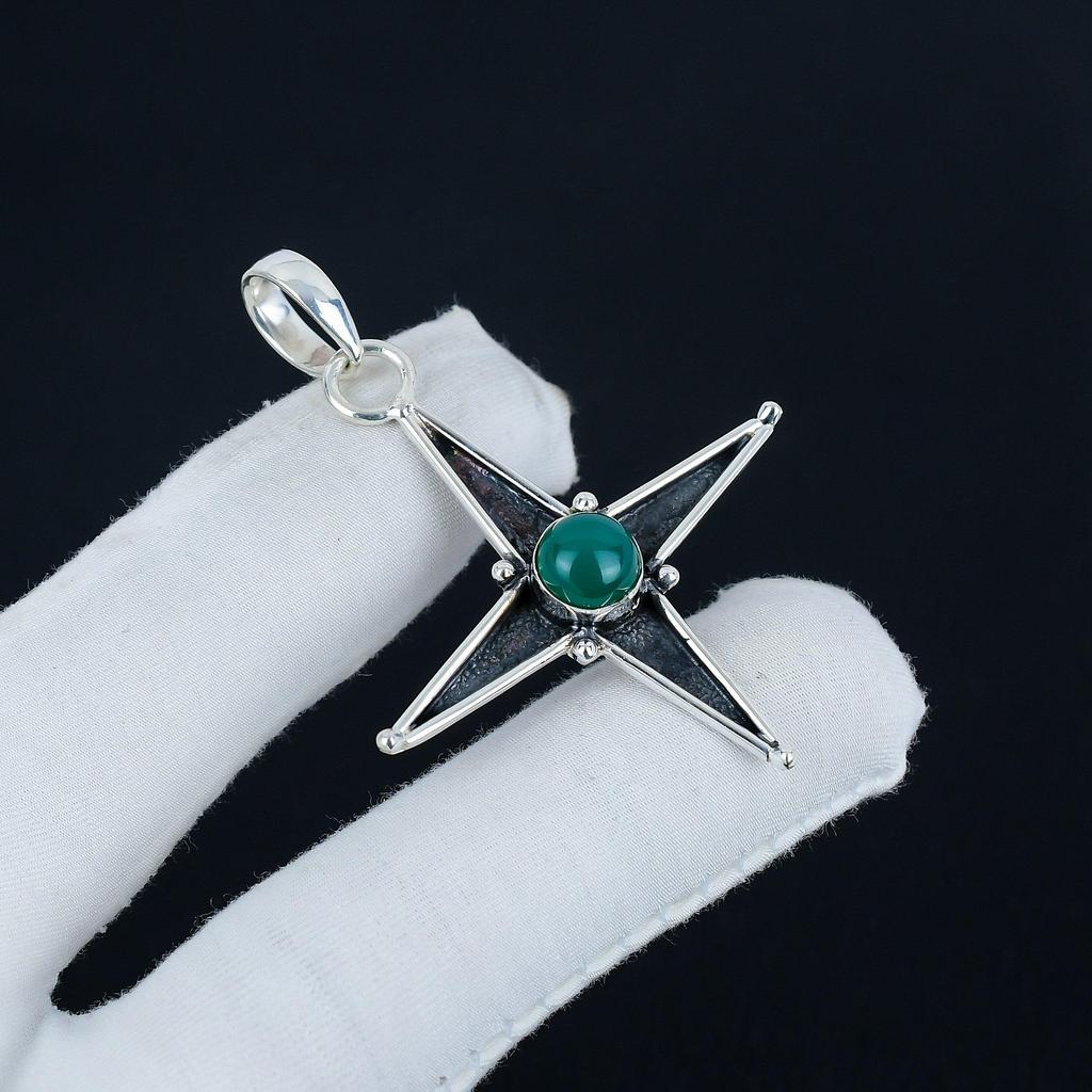 Серебряный кулон с натуральным зеленым ониксом из стерлингового серебра 925 пробы — дизайн звезды ручной работы, повседневные украшения, уникальные дизайнерские кулоны
