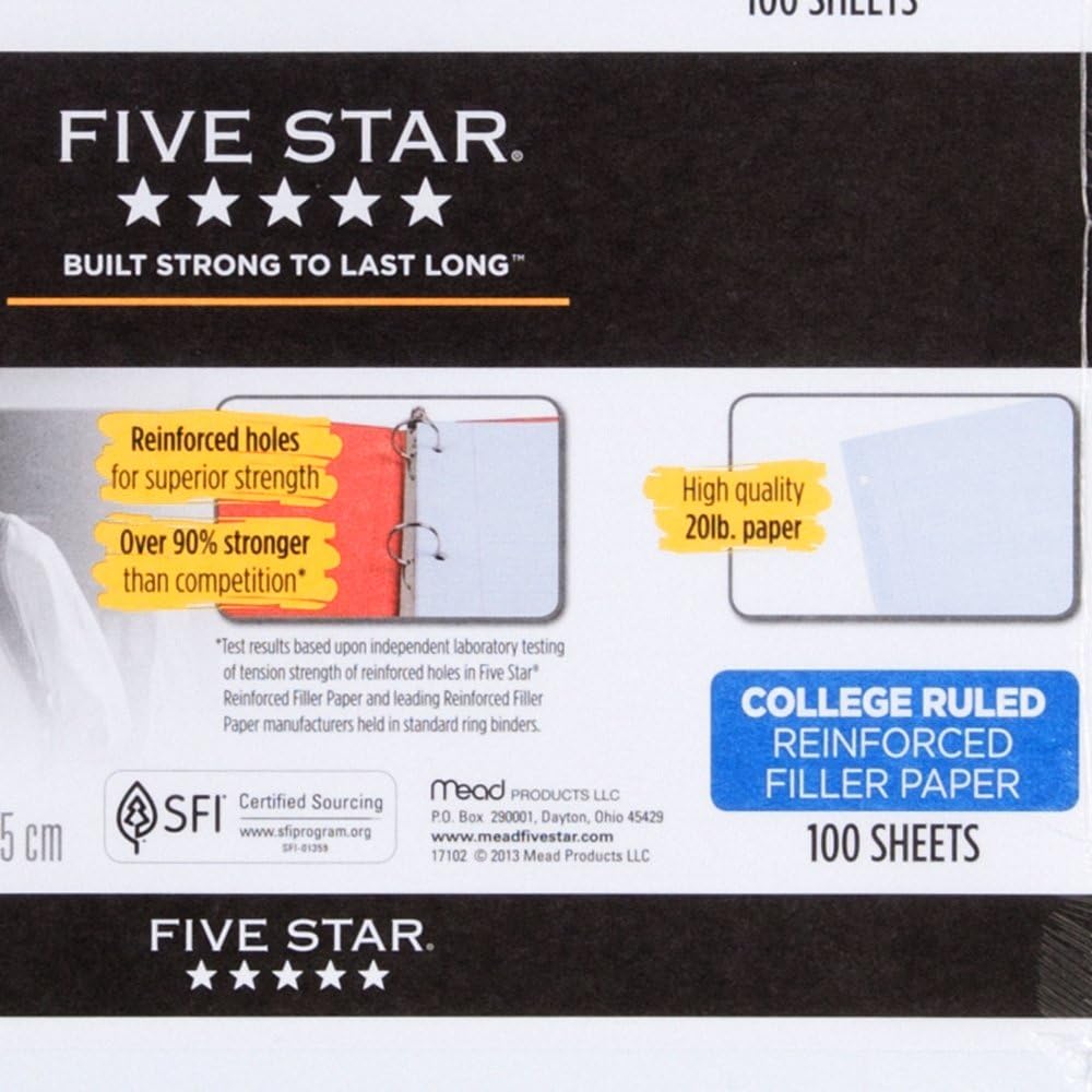 Five Star 17010 Усиленная бумага для тетрадей, 20 фунтов, в клетку для колледжа, 11 x 8 1/2, Белая, 100 листов