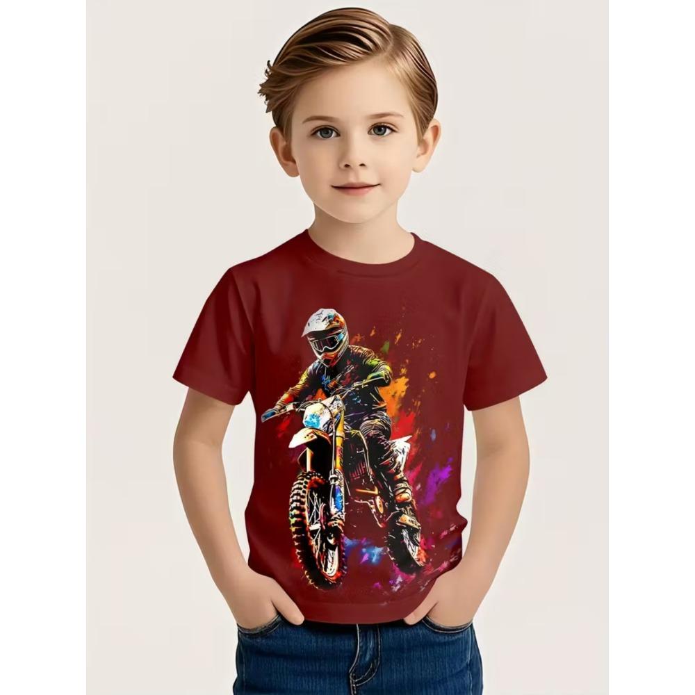 Funny Motorcycle Rider Print Kids Short Sleeves T-Shirt Loose Casual Summer Outdoor Street Boy and Girl Tees Tops