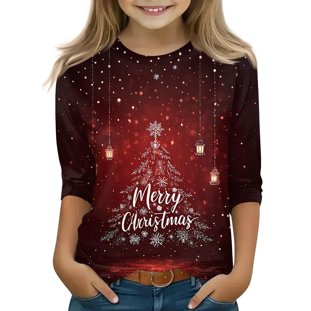 Children's 3/4 Sleeve Tops Casual Christmas Print T Shirt Round Neck Pullover Blouse