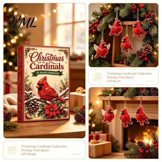 Birthday Gift for Children Red Bird Advent Calendar, 24-Day Christmas Countdown Set with Calendar Ornaments, 2D Acrylic Tree Hanging Decor,