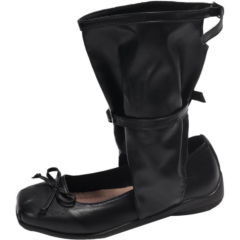 Лето 2025 Женские Ретро Квадратный Носок Бант Балетки Полые Средняя Труба Толстая Подошва Западные Сапоги Женская Женская Обувь Сандалии