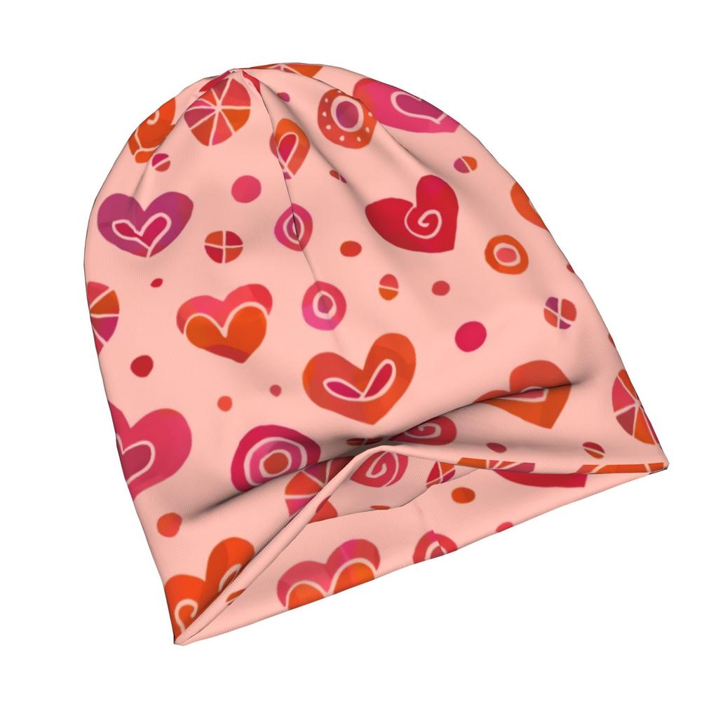 2D Flat Printing Boho Hearts Layered Hearts on Soft Apricot Minimalist Knit Hat Designed for Adults Who Enjoy Quiet Style Complements Neutral Tones An