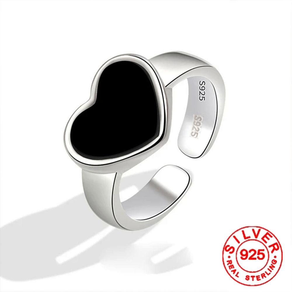 Silver Color Geometric Black Heart Rings For Women Men Simple Korean Fashion Open Adjustable Handmade Ring Couple Gifts