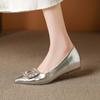 Fashion Women's French Style Versatile Low-Cut Flats  New Arrival Elegant Pointed Toe with Rhinestone Square Buckle, Office Dress Shoes