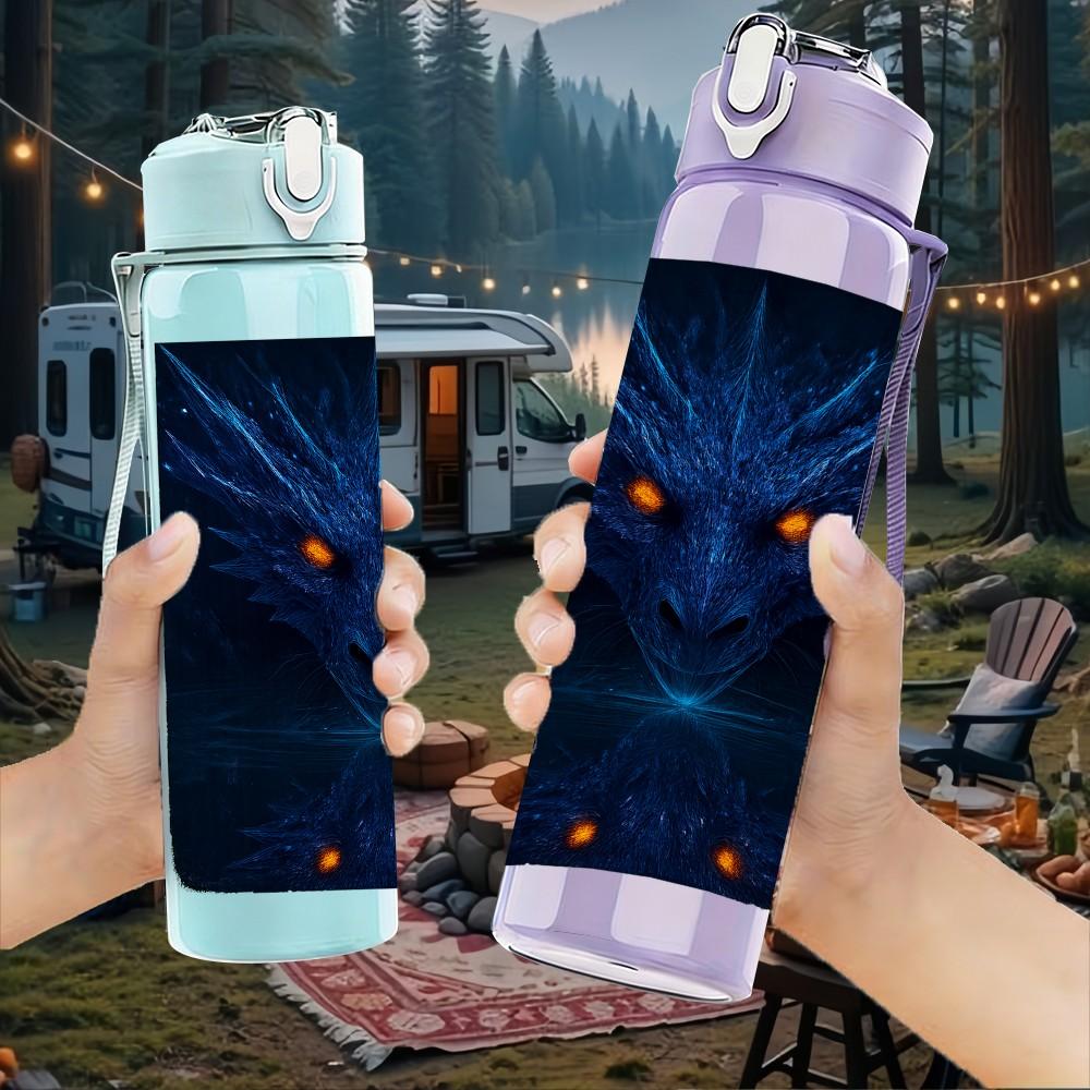 1PC Dark Glowing Eyed Dragon Fantasy Portrait Print 750ml Color Plastic Sports Water Bottle Leakproof Flip Straw Lid Suitable for Sports Office