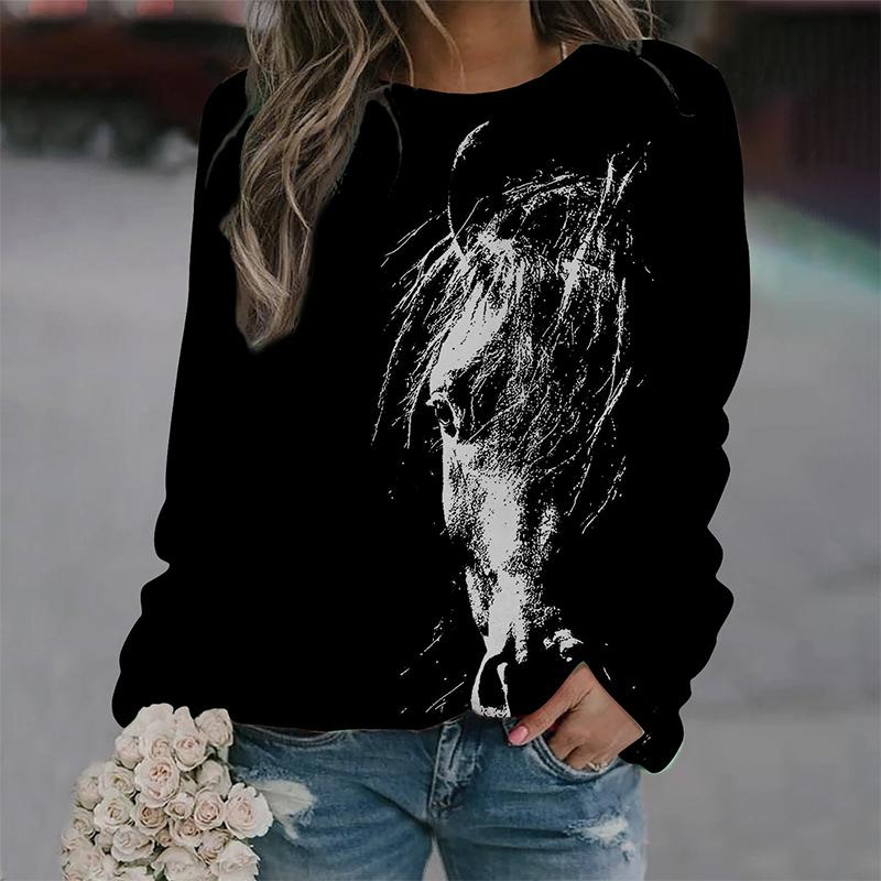 Осенние толстовки с лошадьми, толстовки с 3D-принтом животных, женская мода, длинный рукав, толстовка Y2k, свободные пуловеры, топы, женская одежда