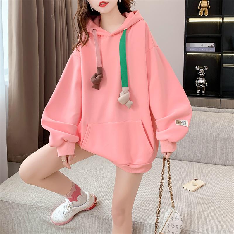 Women's Hooded Long Sleeve Oversized Casual Top Color Block Denim Splicing Letter Print Loose Fashion Hoodie Blouse