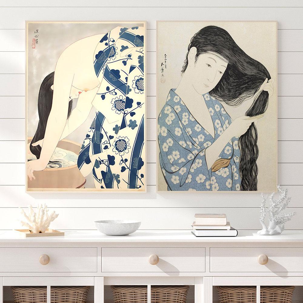 Japan Ukiyoe Posters and Prints Geisha Shampooing Combing Hair Canvas Painting Vintage Wall Pictures for Living Room Home Decor