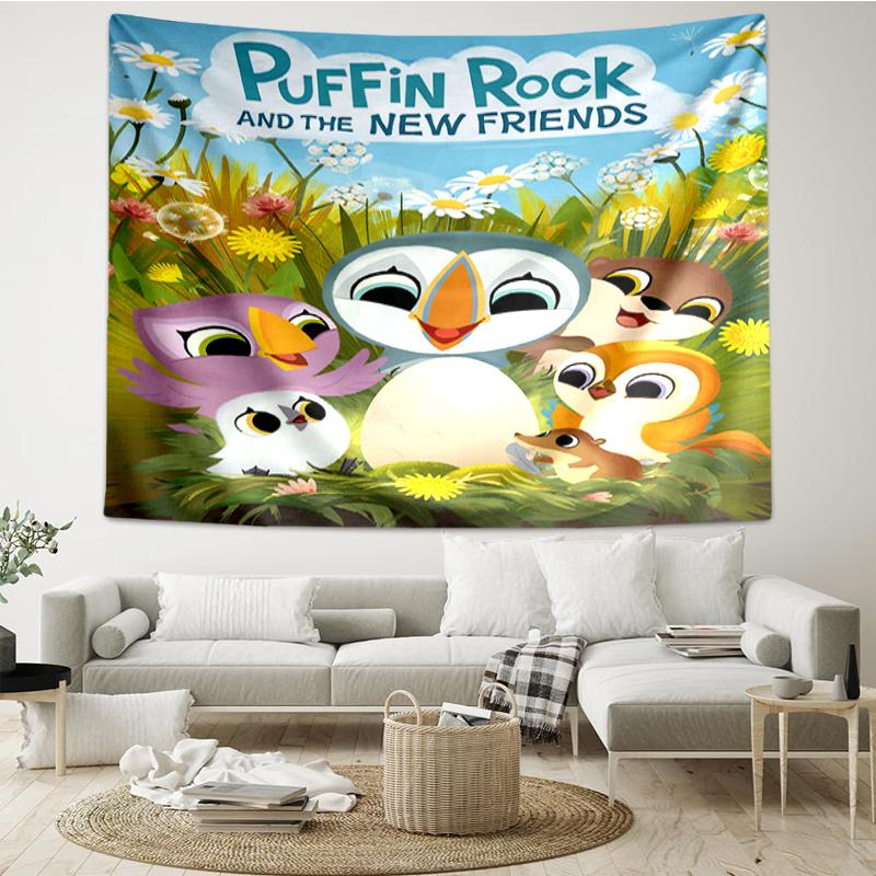 Puffin Rock Print Tapestry, Backdrop, Easy Setup, Ideal for Bedroom, Office & Living Room, with Aesthetic Wall Hanging Decor.