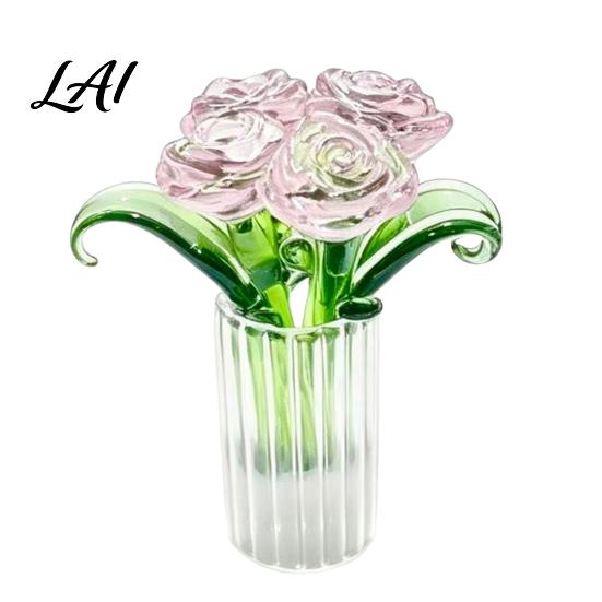Unique Desktop Ornament for Women Glass Rose Bouquet Handmade Mini Colored Flowers with Durable Preserved Flower Vase Eternal Tabletop Decor,