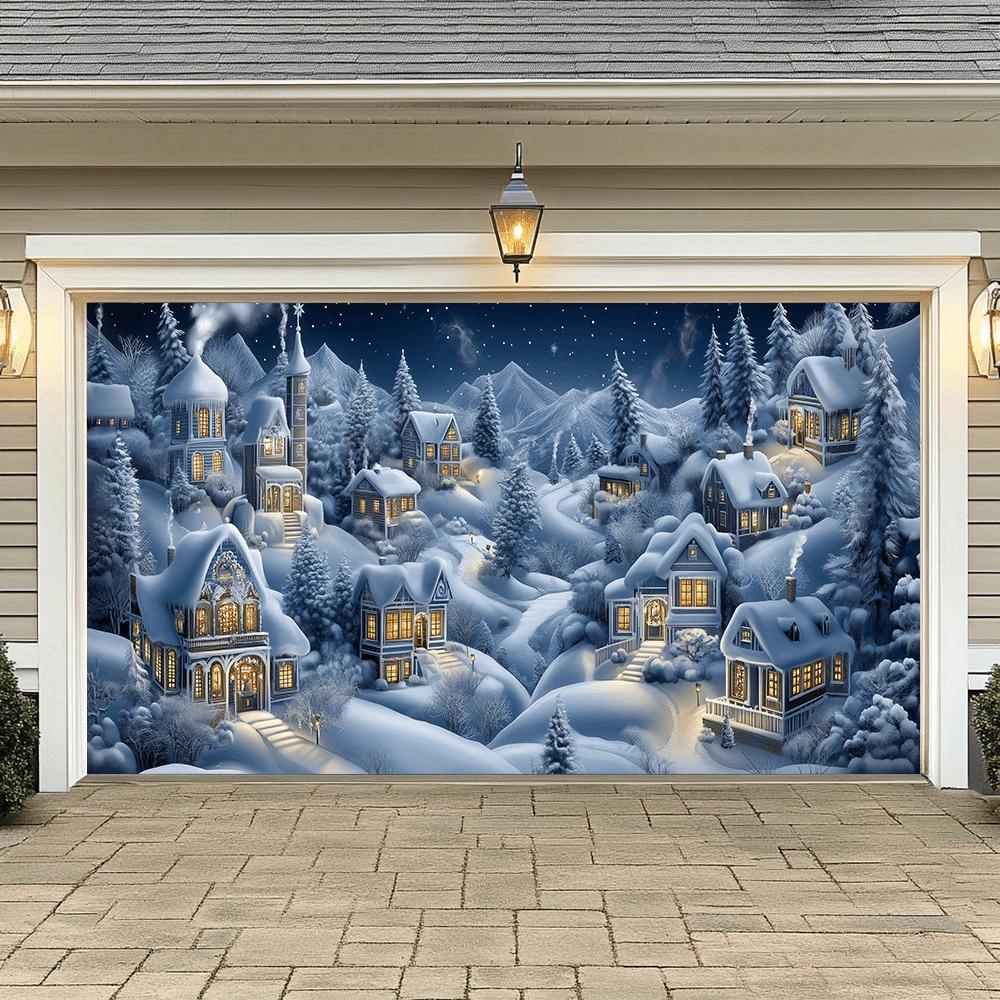 Snow scene Christmas village garage door banner,outdoor entrance decoration without electricity,durable holiday decoration flags