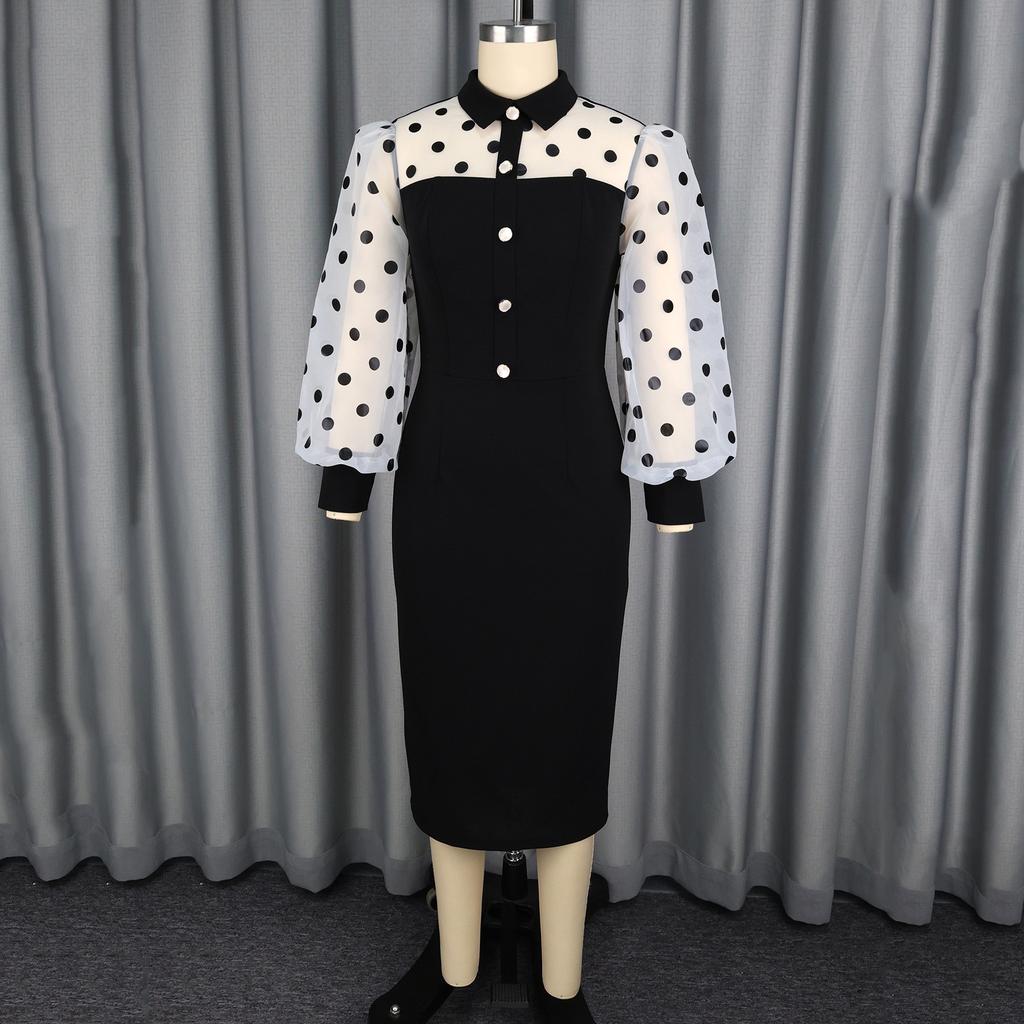 Elegant Long Sleeve Dresses 2026 Polka Dot Printed Buttons Sheath Package Hips Mid Calf Dress