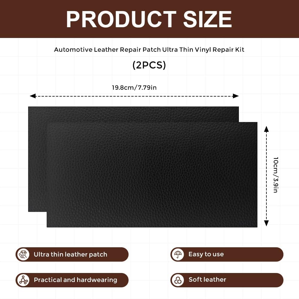 2PCS Leather Repair Patch Tape, Vinyl Patch, 4 x 8 Inches PU Vinyl Repair Patches for Car Upholstery Seat, Self Adhesive Leather Repair Patches for