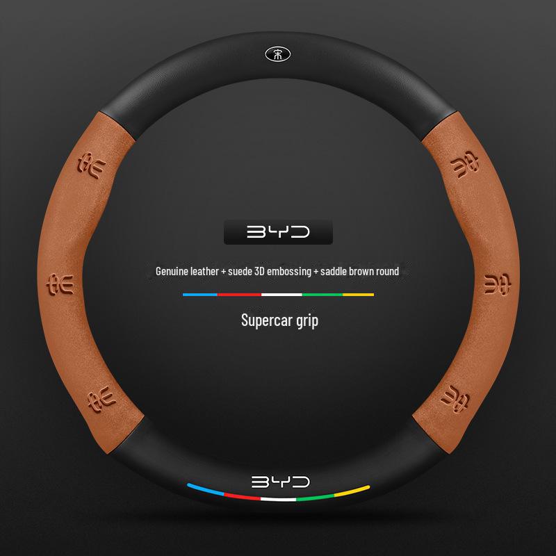 Compatible BYD Qin, Han, Tang, Song, Yuan E2 Destroyer Dolphin Leather Steering Wheel Cover with 3D Embossing