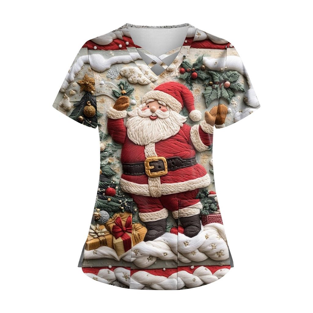 Women's Short Sleeve Stagger V Neck Christmas Print Pocket Dry-nurse Top