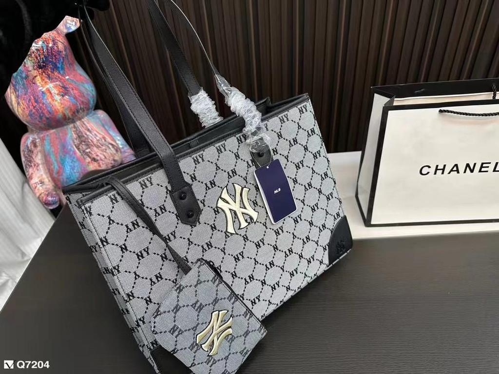 New Korean MLB Full-Logo NY Tote Bag: All-Over Print, Large Capacity, Versatile Shoulder Handbag