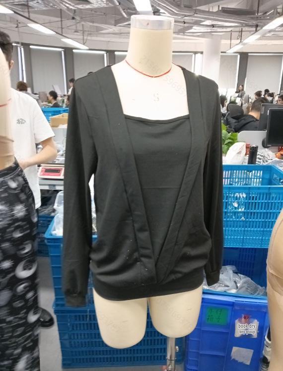 Осень и Зима Однотонная С Длинным Рукавом Квадратный Вырез Двухслойный Эффект Свободная Футболка