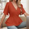 Elegant Ladies V-Neck Short Sleeve Ruffled Hem Blouse