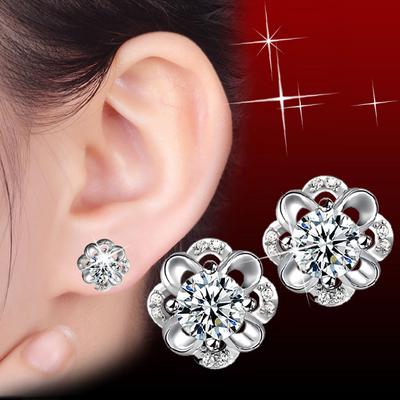Женская корейская мода Элегантные 925 посеребренные винтажные мини-простые противоаллергенные цирконовые кристаллы с выдалбленным цветком Серьги-гвоздики для ушей Ювелирные изделия Подарок любви