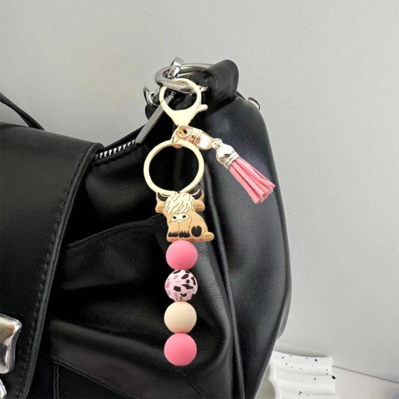 Брелок с шотландской высокогорной коровой с кисточками и силиконовыми бусинами. Животное. Модный держатель для ключей, подвеска для женщин и мужчин.