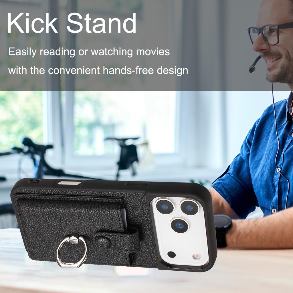 For iPhone 17 Pro Max Case with Ring Kickstand Drawing Type Card Slots Leather Back Cover