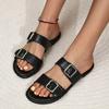 Button Flat Bottom One-word Shoes Women Open-toed Retro Style Beach Sandals Women