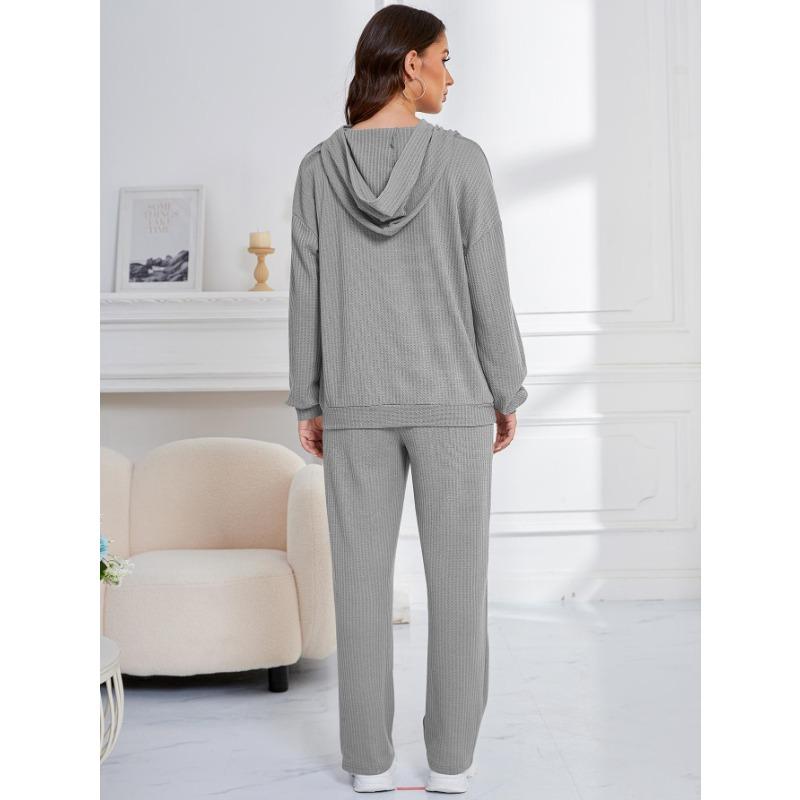 Костюм для отдыха с капюшоном, женская пижама, вафельный свободный костюм с длинными рукавами и длинными брюками, одежда для отдыха