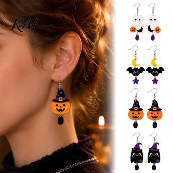 Colorful Patterned Ear Ornaments 1 Pair 2D Acrylic Halloween Dangle Drop Earrings for Women, Fashionable Daily Wear Spooky Ghost Cat Pumpkin Earrings,