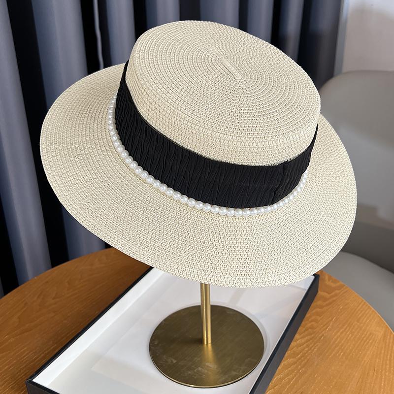 Celebrity Flat Top Hat Summer Elegant Pearl Straw Seaside Sun Hat Children