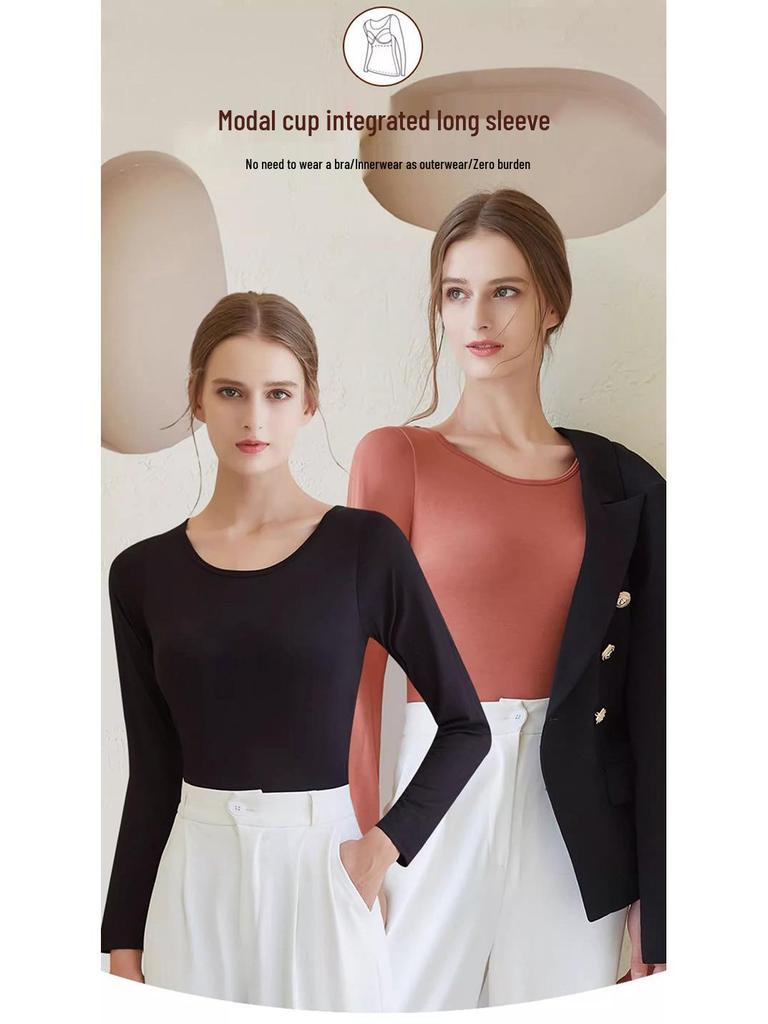 Модальная женская базовая рубашка с длинным рукавом и нагрудными вкладышами, без косточек, с интегрированной чашкой, осенне-зимняя верхняя одежда и одежда для сна