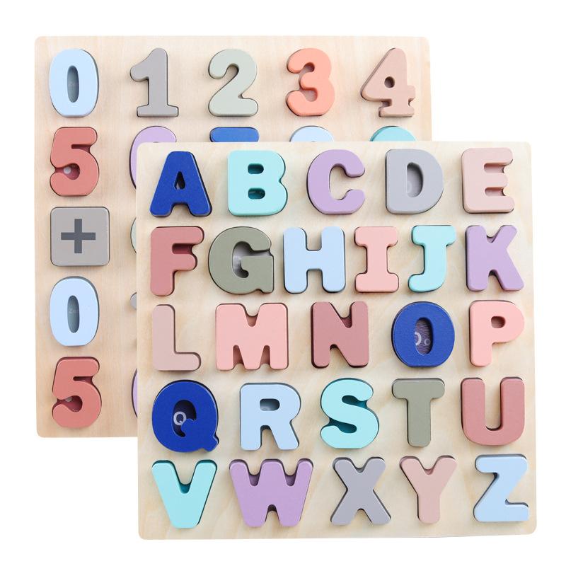 Children's Puzzle Puzzle Macaron Wooden Number Letter Shape Cognitive Board Hand Grasping Board Early Education Toys