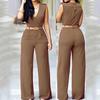 Весенне-летний женский комбинезон, модный повседневный комбинезон с высокой талией и v-образным вырезом, широкие брюки с поясом, брюки