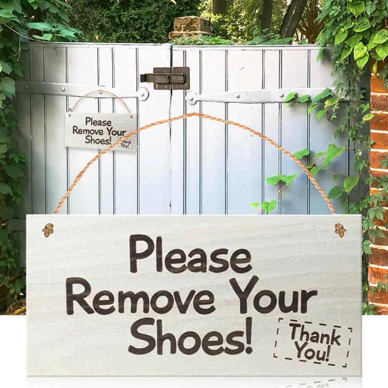 Front Door Welcome Sign Home Decor Please Remove Your Shoes Rustic Craft Wooden Square Porch Hanging with Rope Plaque Gift