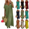 Women's Summer Fashion V-neck Solid Color Large Size Loose Long Large Swing Short-sleeved Dress