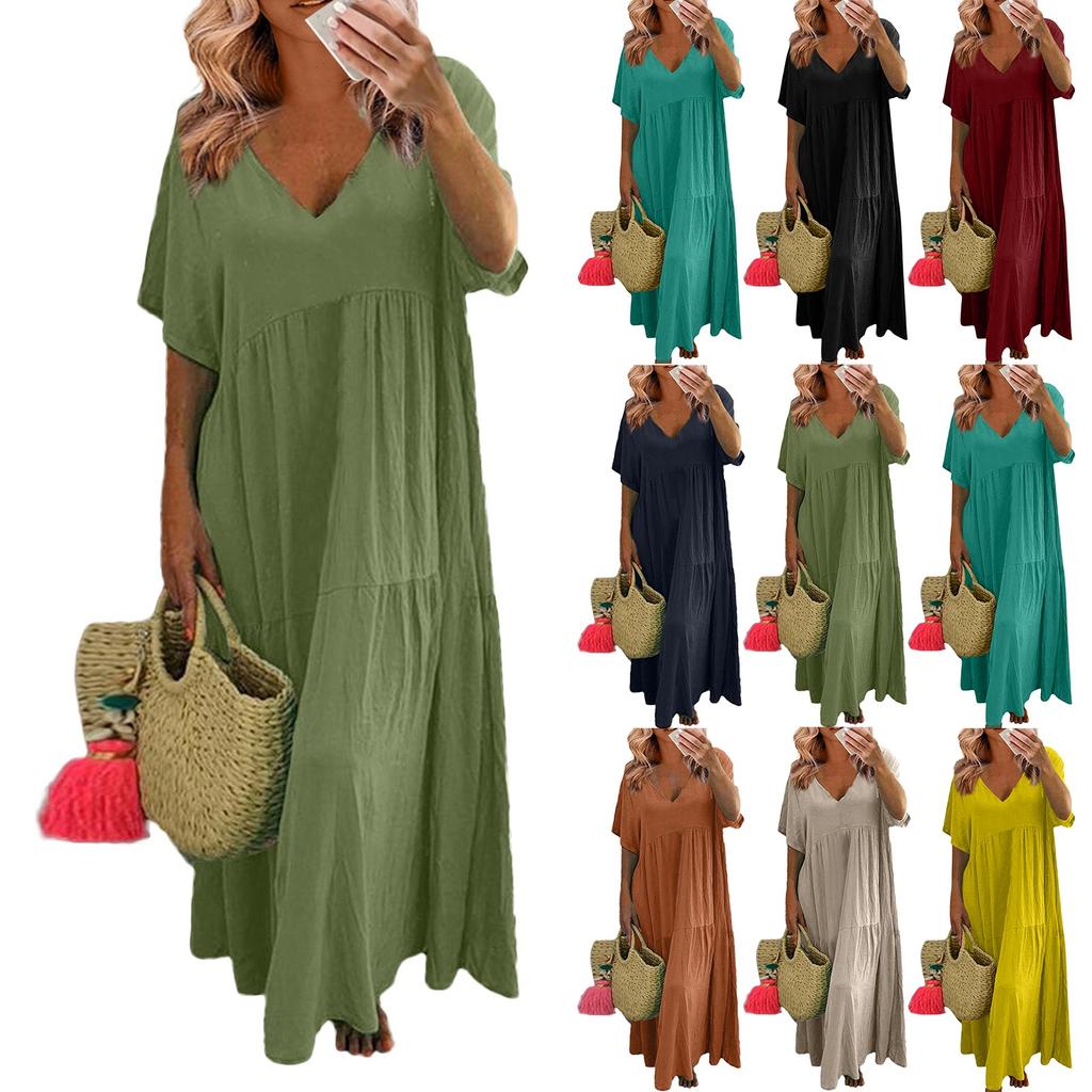 Женское летнее модное однотонное платье с v-образным вырезом большого размера, свободное длинное большое свободное платье с короткими рукавами