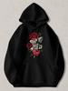 Black Pullover Hoodie with Vintage Tattoo Style Print Featuring Red Roses Dagger Heart And 'Live Your Dream Forever' Slogan Casual