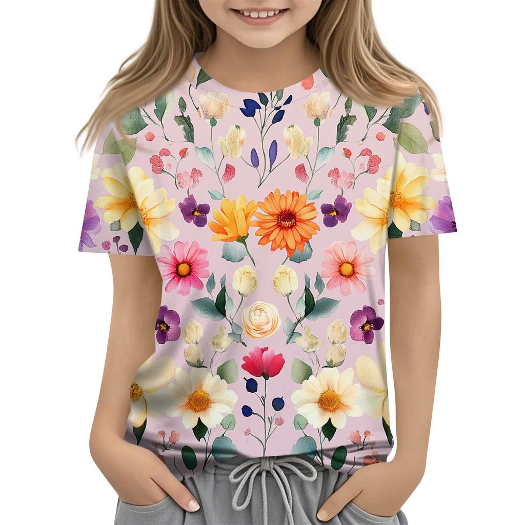 Летний топ с круглым вырезом и 3D-цветочным принтом, модные повседневные футболки с короткими рукавами для девочек