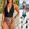Women Bikini Floral Deep V-neck Halter One-Piece Sexy Backless Lace Up Beach Bathing Swimwear