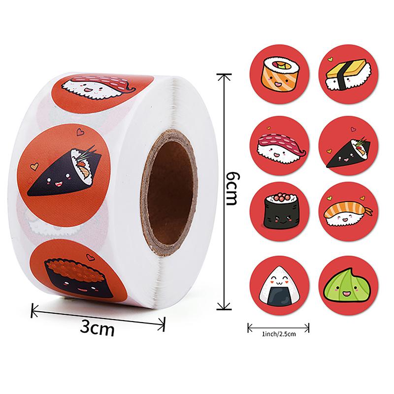 1Roll 2.5cm/1inch Circular Cartoon Sushi Pattern Sticker Birthday Wedding Decor Sticker Baked Dessert Lunch Box Label Sticker