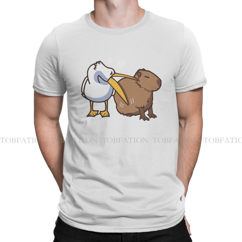 Pelican Tries To Eat Capybara Round Collar Tshirt Capybara Animal Pure Cotton Fabric Basic T Shirt Mans Tops Oversized