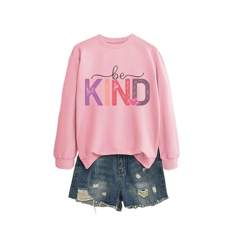 Womens Oversized Cotton Hoodie With Be Kind Cutout Letter Print Fall Winter Casual Sweatshirt