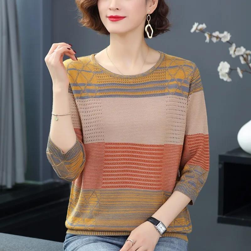 Striped Sweater Knitted Pullover Thin Round Neck Long Sleeves Women's Top Casual Undershirt Commute Spring Autumn