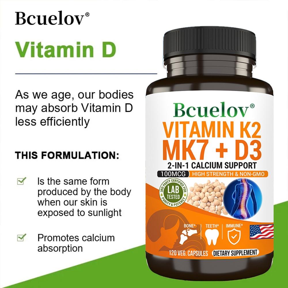 Bcuelov Vitamin K2 MK7 + D3 Capsules, 100mcg, 120 Caps