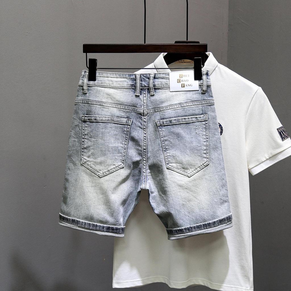 Мужские джинсовые шорты слим-фит с брызгами краски - Корейский стиль, трендовые пятиточечные шорты с акцентами из стразов