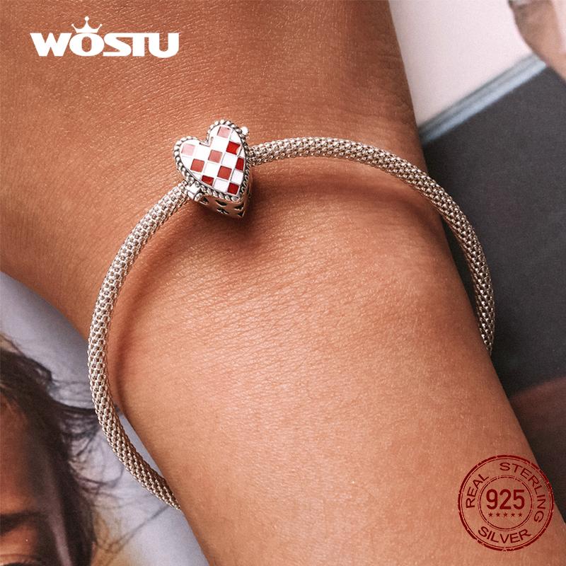 WOSTU Настоящее серебро 925 пробы, милое красное сердце, часы, подвески, бусины для женщин, подходят для оригинального браслета «сделай сам», ожерелье, ювелирные изделия, подарки