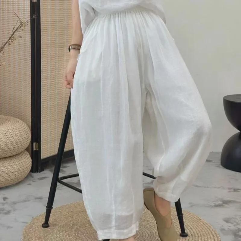 Женские ретро-шаровары 2024 года: Свободный, облегающий, эластичный пояс, универсальный, с девятью точками, многоцветный для лета и осени