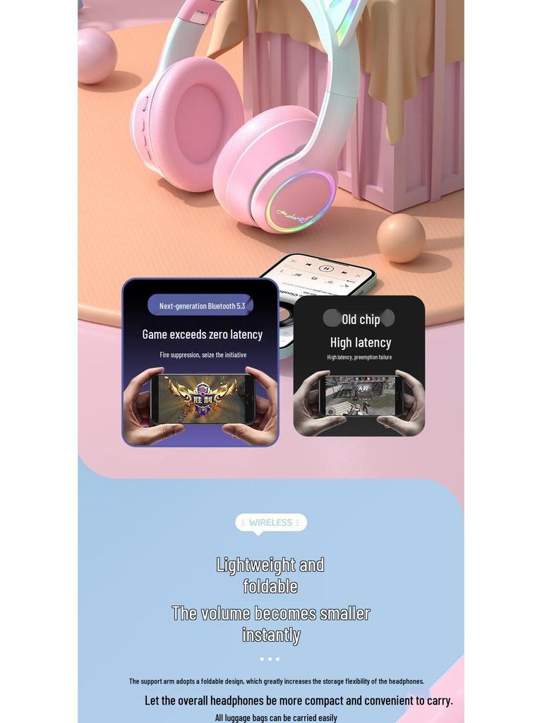 Беспроводная Bluetooth игровая гарнитура с кошачьими ушками и шумоподавлением для ноутбуков и мобильных устройств